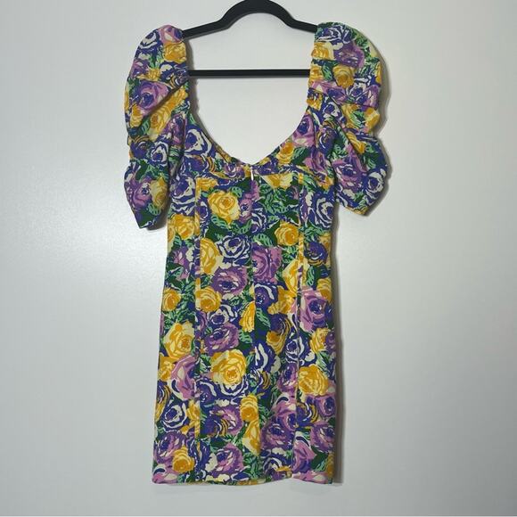Zara Purple/Yellow/Blue Floral Corset Style Puff Sleeve Mini Dress Small NWT - Picture 7 of 8
